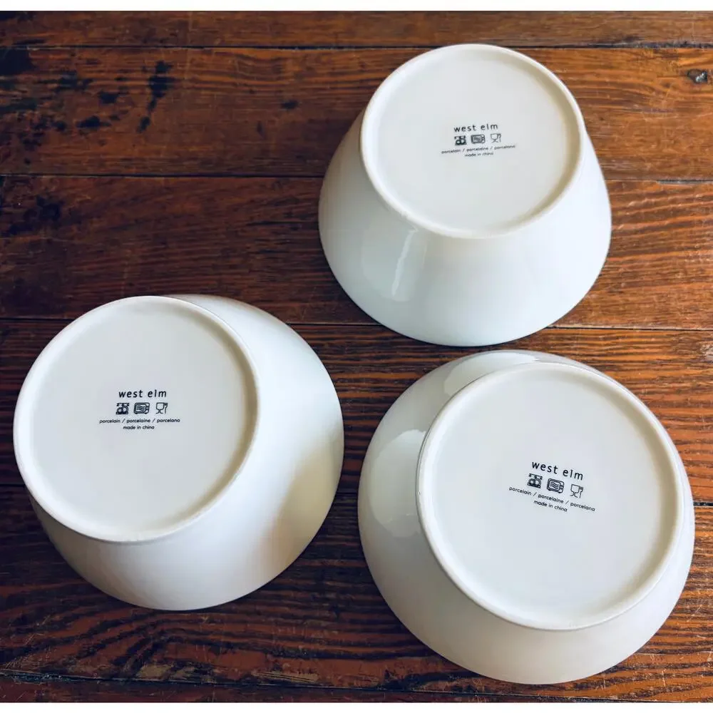 Set of 3 West Elm Solid White Porcelain Bowls 6”wide x 2.75”tall